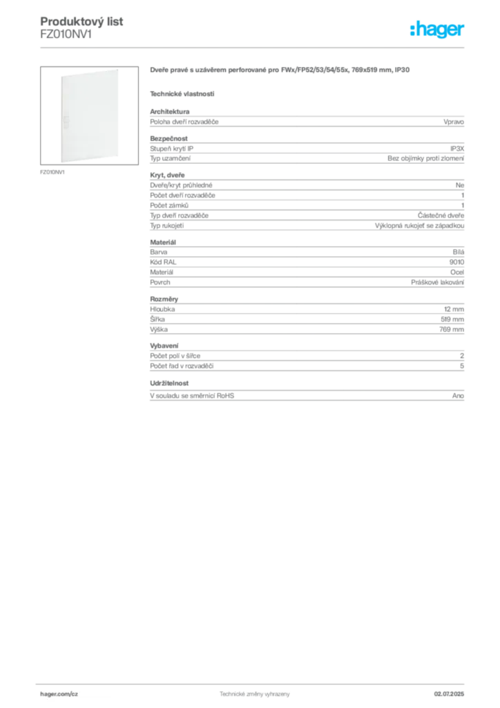 Obrázek Hager Produktový list FZ010NV1 | Hager