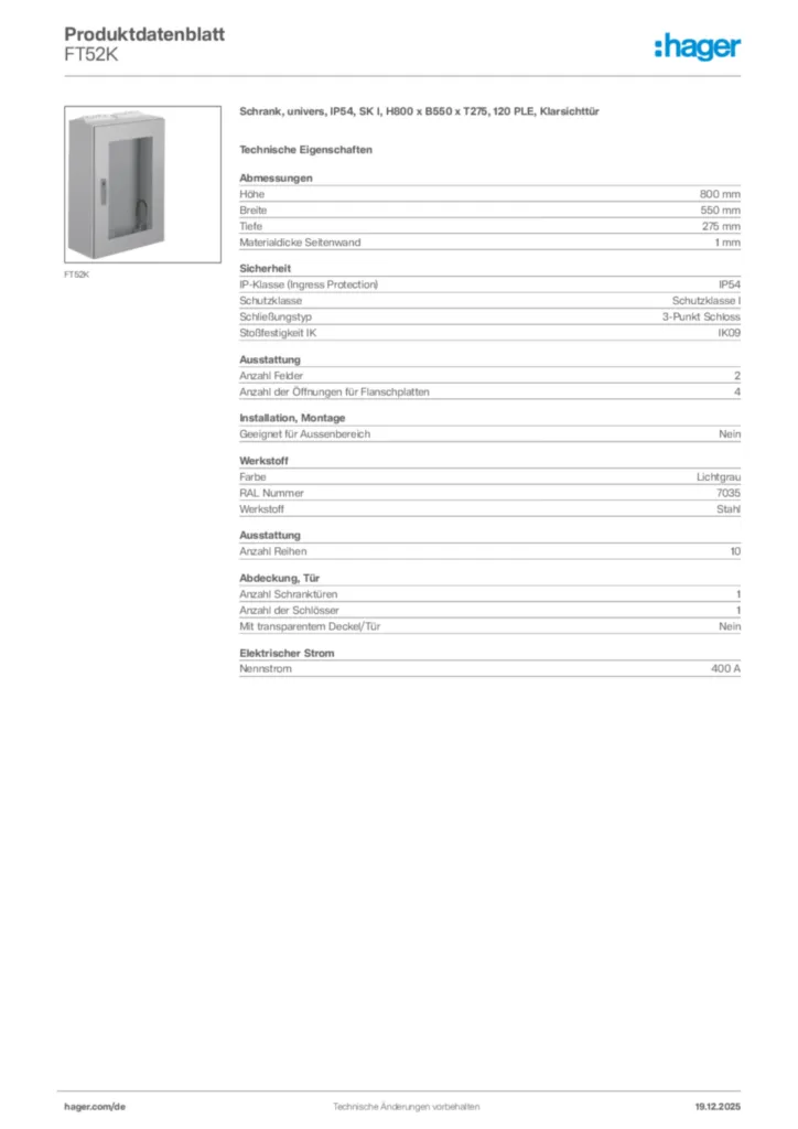 Bild Hager Produktdatenblatt FT52K | Hager Deutschland