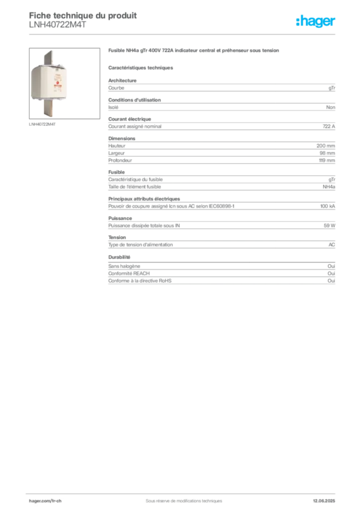 Image Hager Fiche technique du produit LNH40722M4T | Hager Suisse