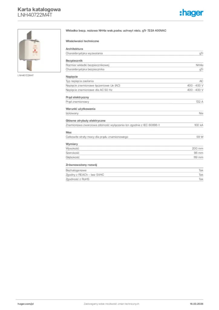 Zdjęcie Hager Karta katalogowa LNH40722M4T | Hager Polska