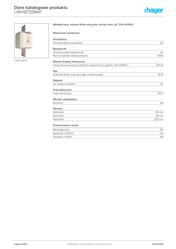 Zdjęcie Hager Karta katalogowa LNH40722M4T | Hager Polska