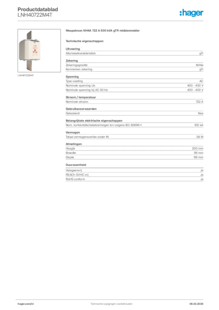 Afbeelding Hager Productdatablad LNH40722M4T | Hager Nederland