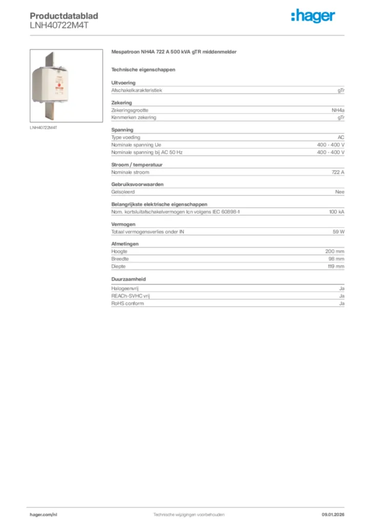 Afbeelding Hager Productdatablad LNH40722M4T | Hager Nederland
