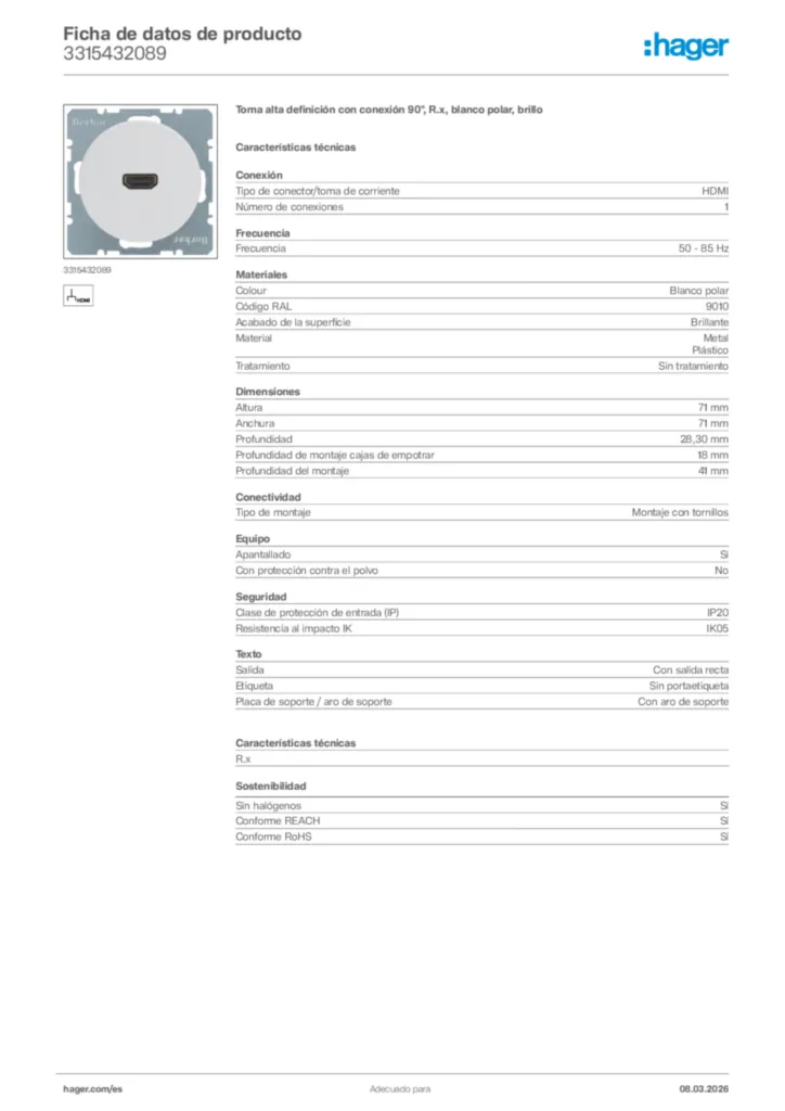 Imagen Hager Ficha de datos de producto 3315432089 | Hager España