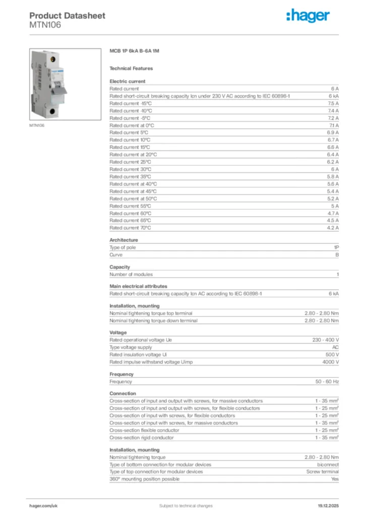 Image Hager Product data sheet MTN106  | Hager