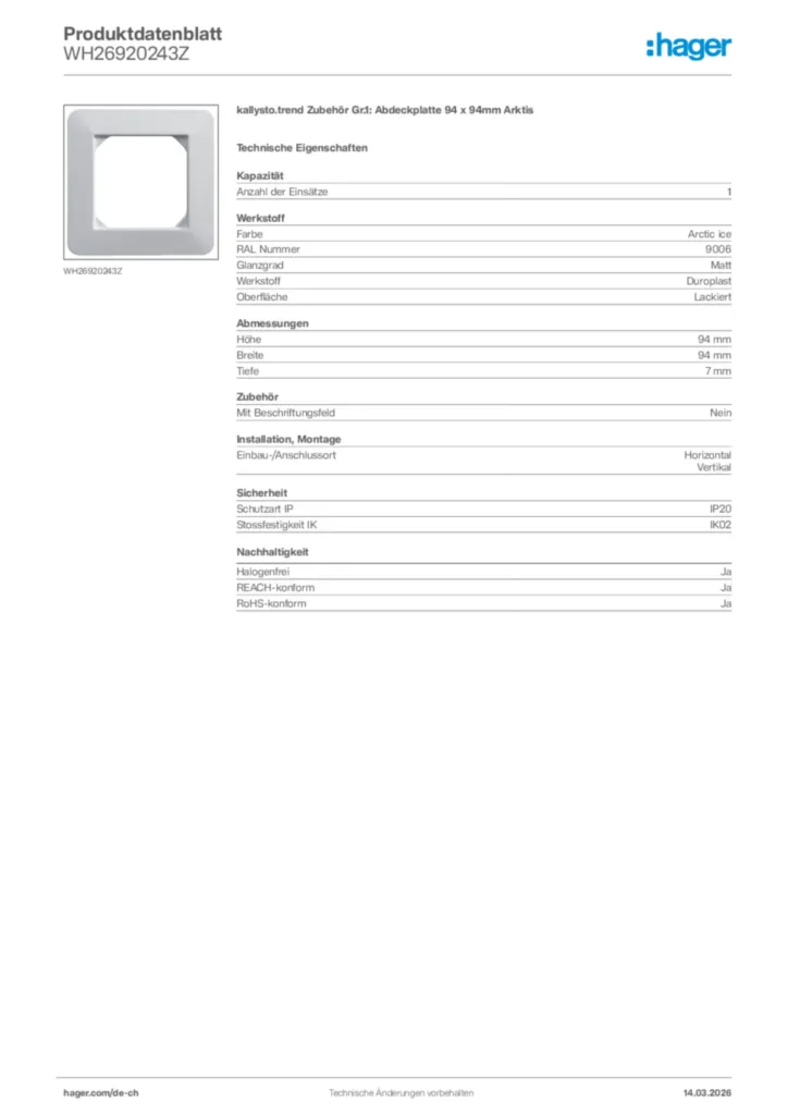 Bild Hager Produktdatenblatt WH26920243Z | Hager Schweiz