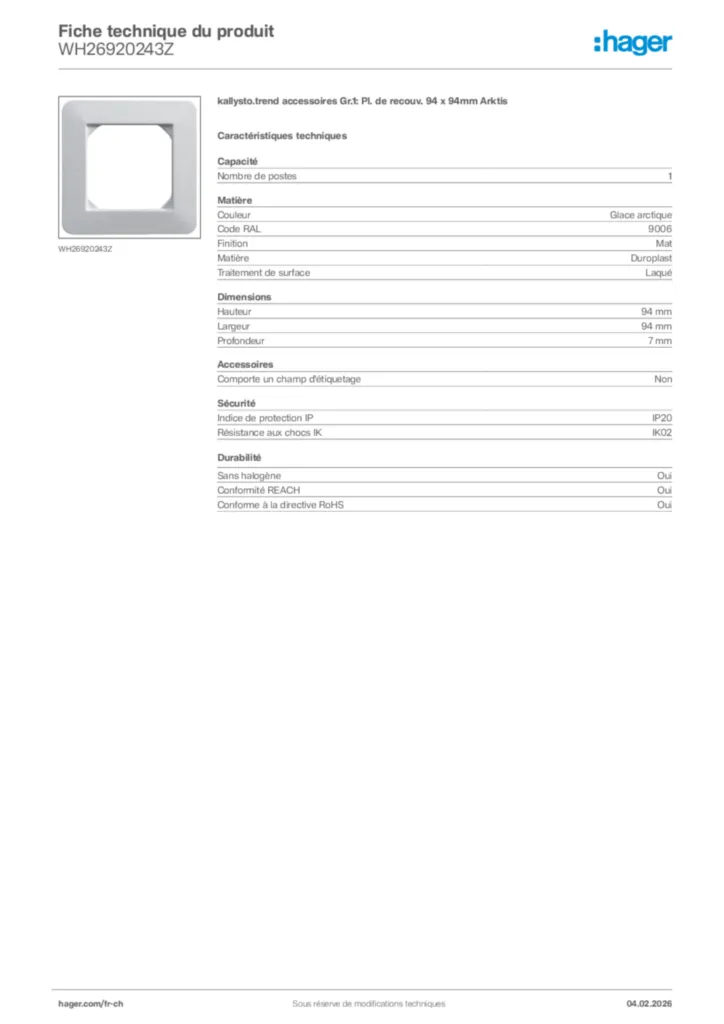 Image Hager Fiche technique du produit WH26920243Z | Hager Suisse