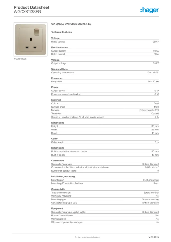 Image Hager Product data sheet WGCXS113SEG  | Hager Africa