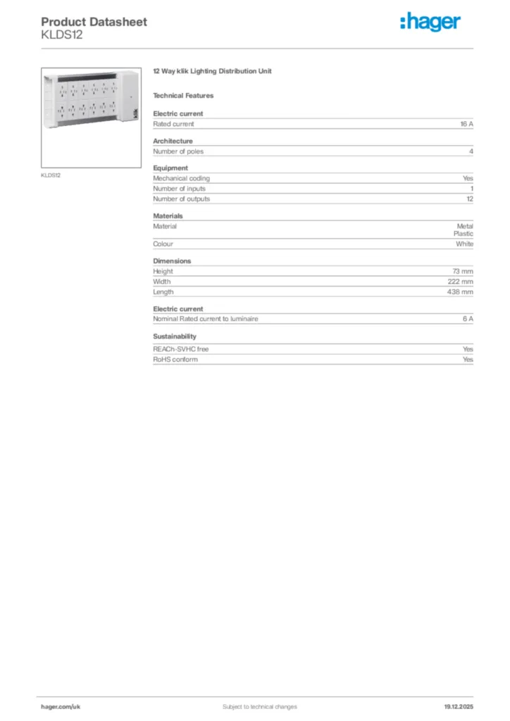 Image Hager Product data sheet KLDS12  | Hager