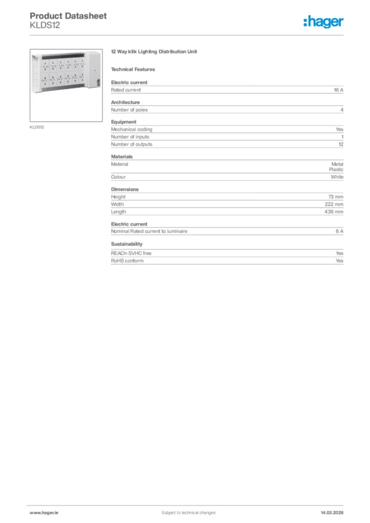 Image Hager Product data sheet KLDS12  | Hager