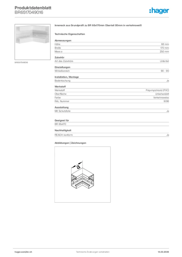 Bild Hager Produktdatenblatt BR6517049016 | Hager Schweiz