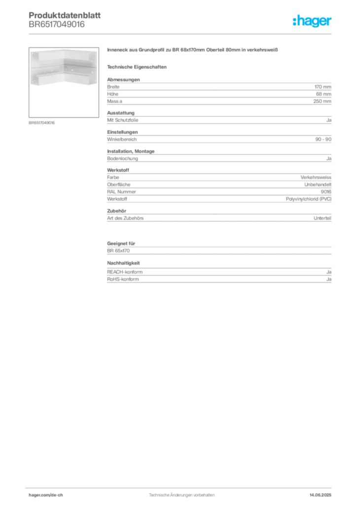 Bild Hager Produktdatenblatt BR6517049016 | Hager Schweiz