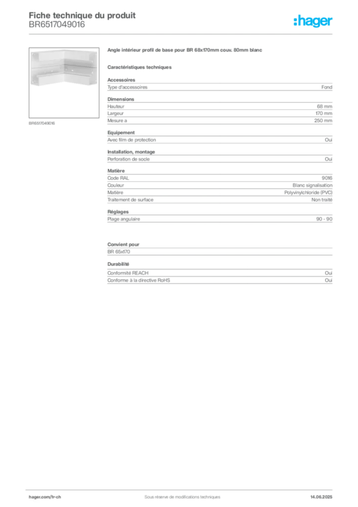 Image Hager Fiche technique du produit BR6517049016 | Hager Suisse