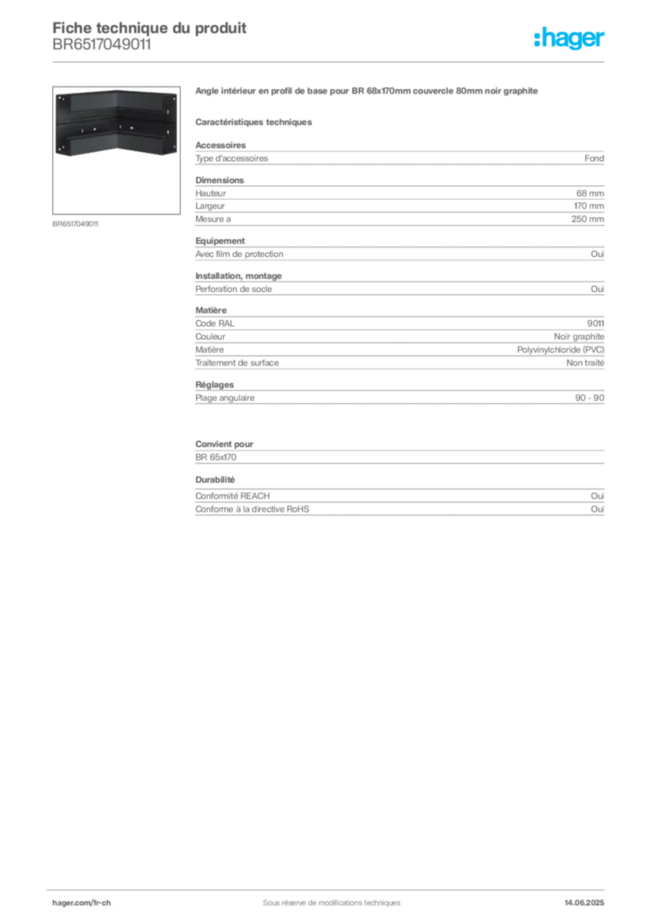 Image Hager Fiche technique du produit BR6517049011 | Hager Suisse