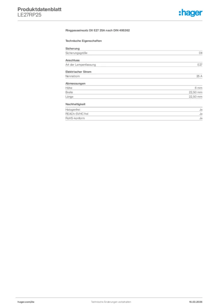 Bild Hager Produktdatenblatt LE27RP25 | Hager Deutschland