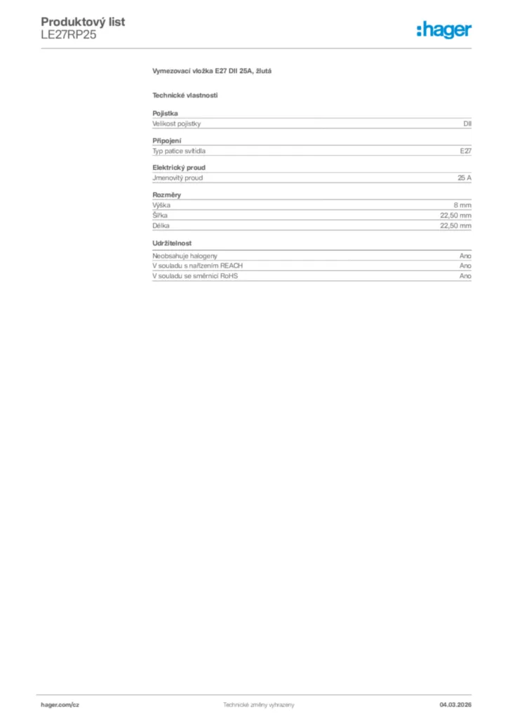 Obrázek Hager Product data sheet LE27RP25 | Hager