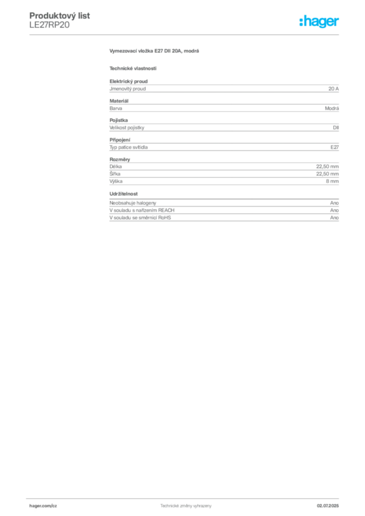 Obrázek Hager Produktový list LE27RP20 | Hager