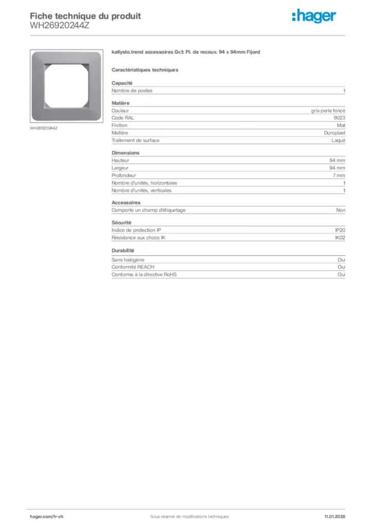 Image Hager Fiche technique du produit WH26920244Z | Hager Suisse