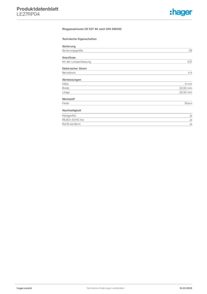 Bild Hager Produktdatenblatt LE27RP04 | Hager Deutschland