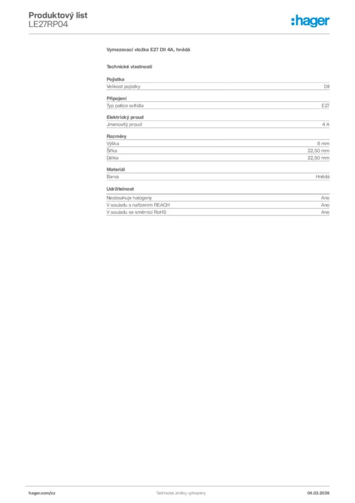 Obrázek Hager Product data sheet LE27RP04 | Hager