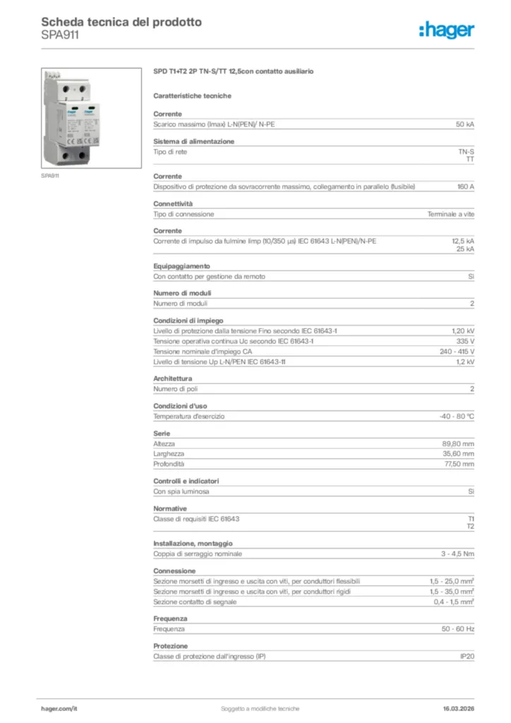 Immagine Hager Scheda tecnica del prodotto SPA911 | Hager Italia