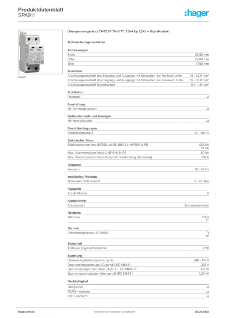 Bild Hager Produktdatenblatt SPA911 | Hager Deutschland