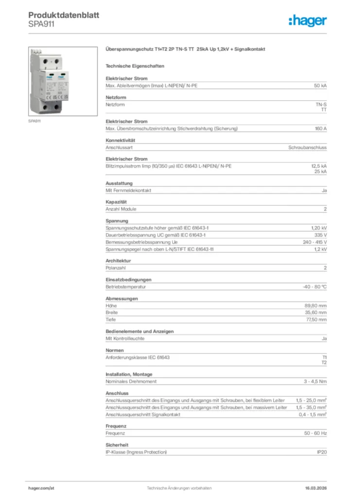 Bild Hager Produktdatenblatt SPA911 | Hager Deutschland