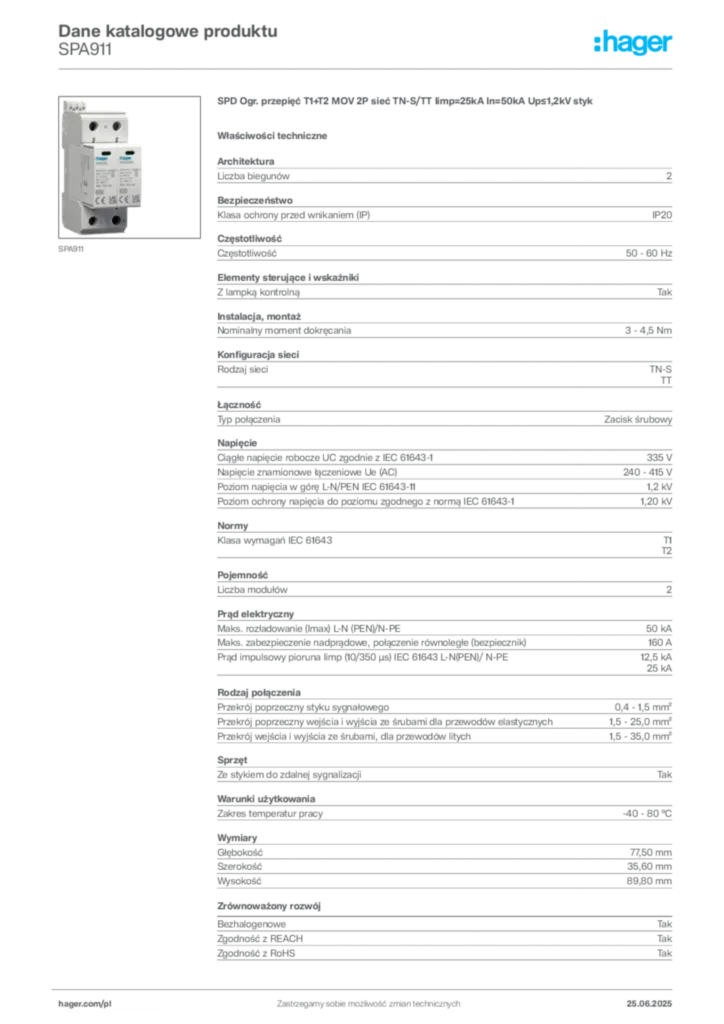 Zdjęcie Hager Karta katalogowa SPA911 | Hager Polska