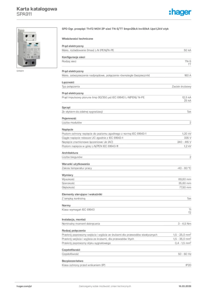 Zdjęcie Hager Karta katalogowa SPA911 | Hager Polska