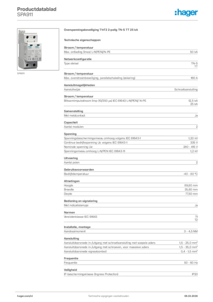 Afbeelding Hager Productdatablad SPA911 | Hager Nederland