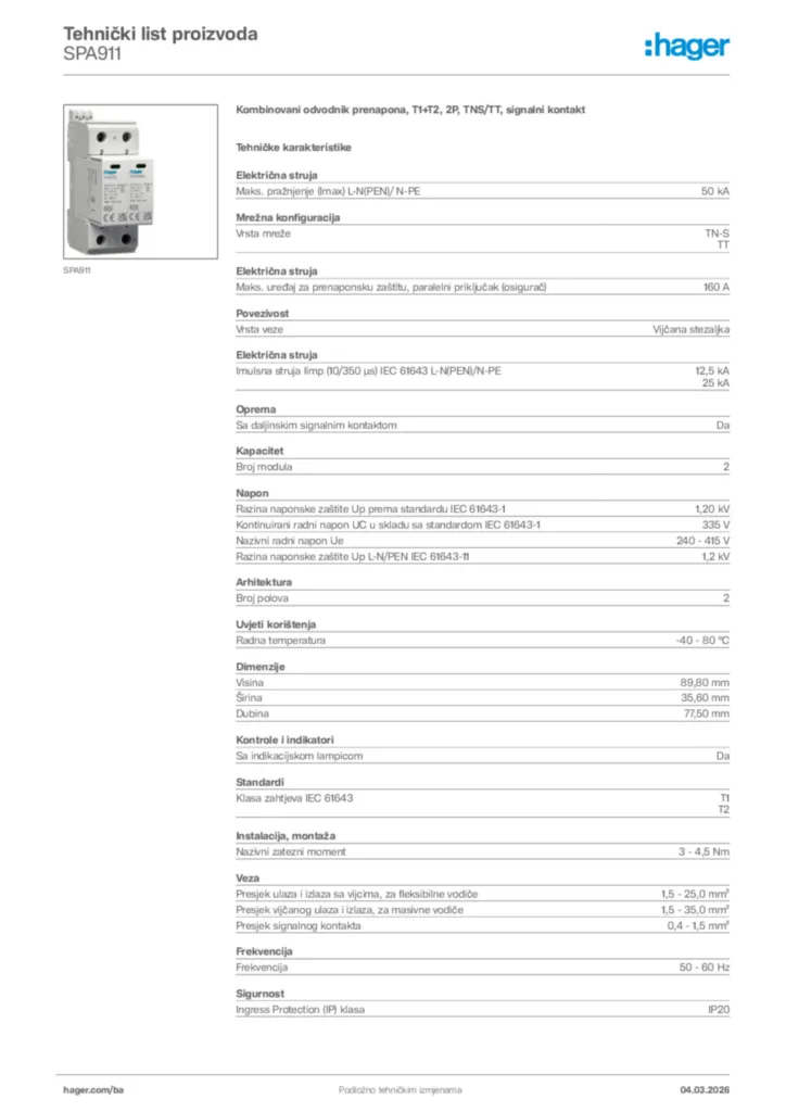 Slika Hager Tehnički list proizvoda SPA911  | Hager