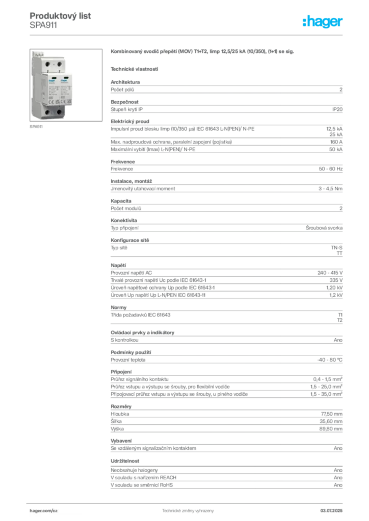 Obrázek Hager Produktový list SPA911 | Hager