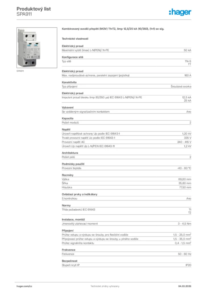 Obrázek Hager Product data sheet SPA911 | Hager