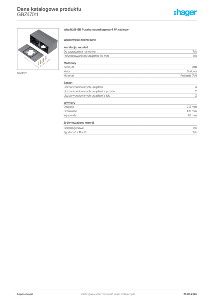 Zdjęcie Hager Karta katalogowa GBZ47011 | Hager Polska