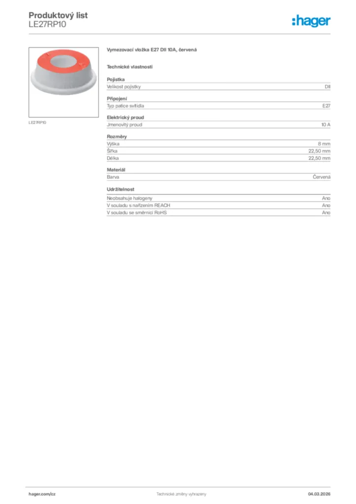 Obrázek Hager Product data sheet LE27RP10 | Hager