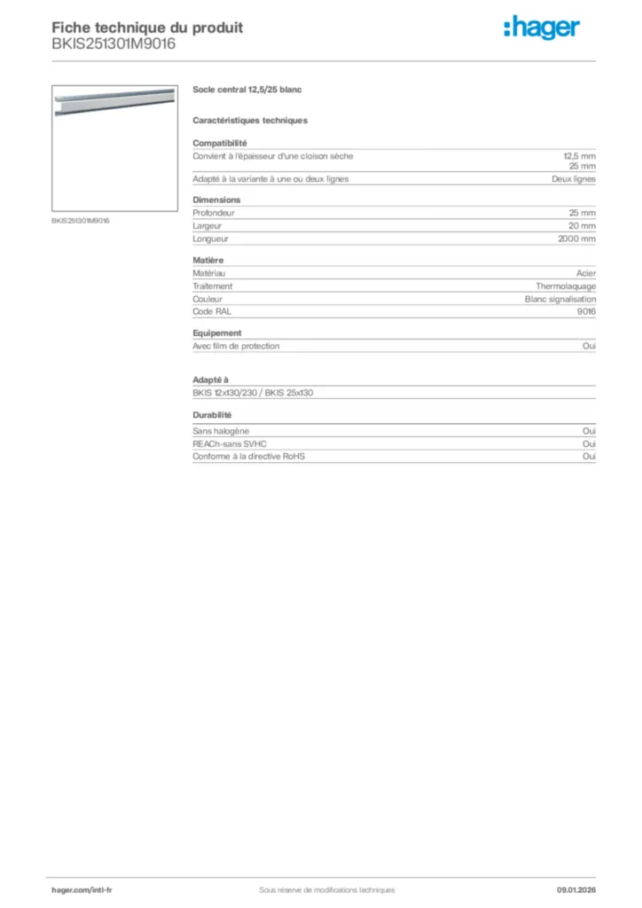 Image Hager Fiche technique du produit BKIS251301M9016 | Hager Afrique