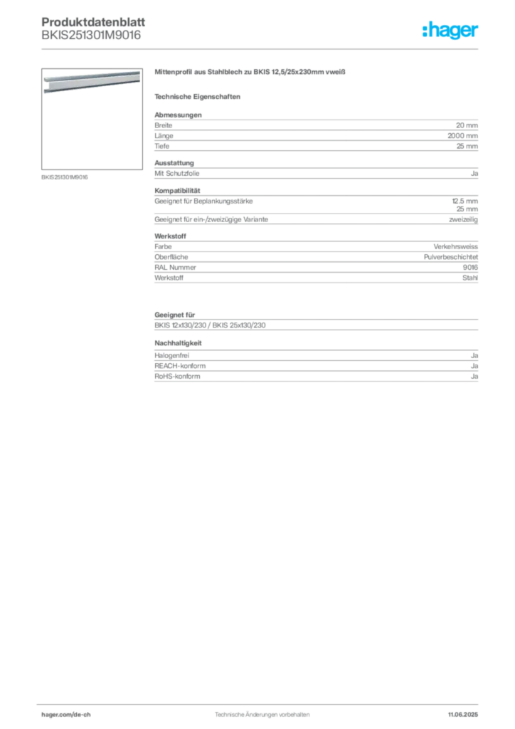 Bild Hager Produktdatenblatt BKIS251301M9016 | Hager Schweiz