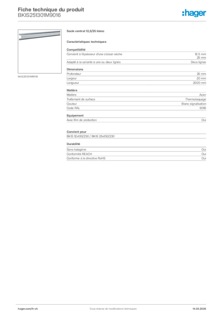 Image Hager Fiche technique du produit BKIS251301M9016 | Hager Suisse