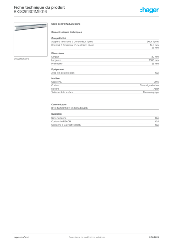 Image Hager Fiche technique du produit BKIS251301M9016 | Hager Suisse