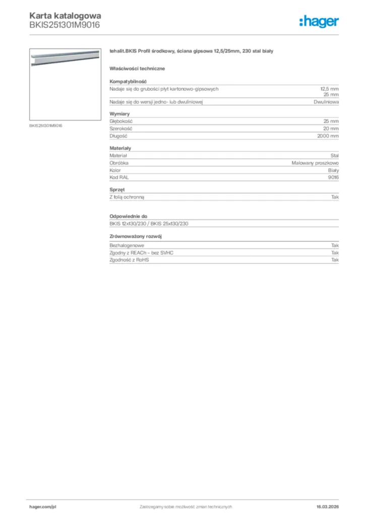 Zdjęcie Hager Karta katalogowa BKIS251301M9016 | Hager Polska