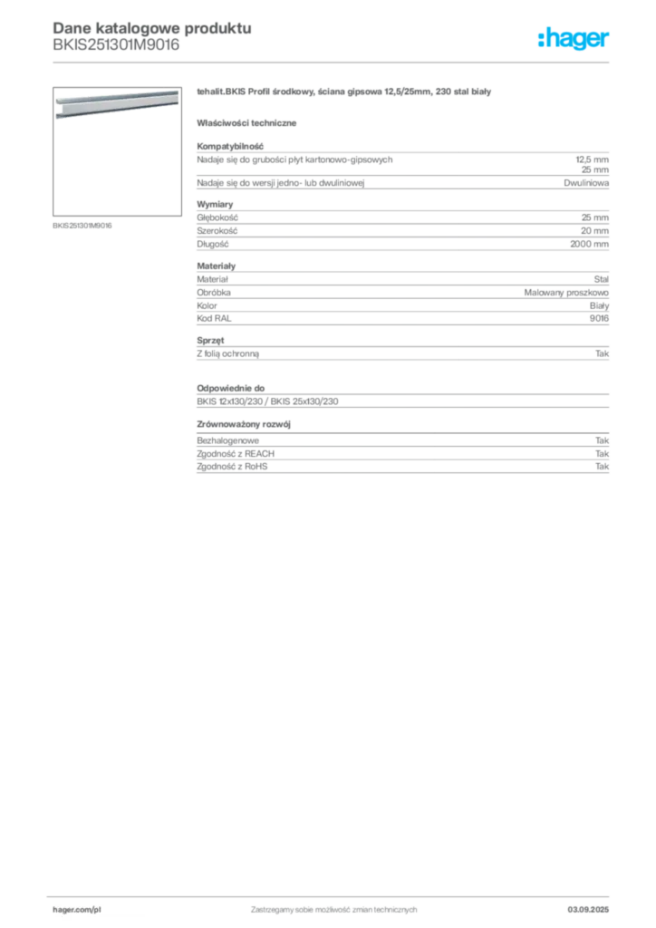 Zdjęcie Hager Karta katalogowa BKIS251301M9016 | Hager Polska
