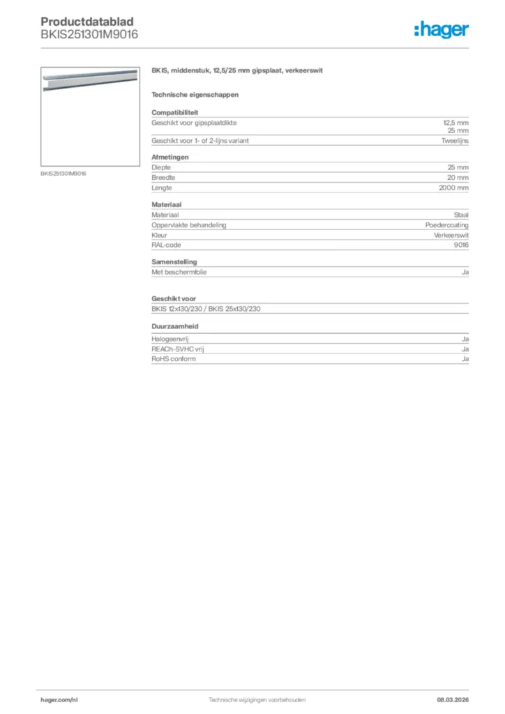 Afbeelding Hager Productdatablad BKIS251301M9016 | Hager Nederland