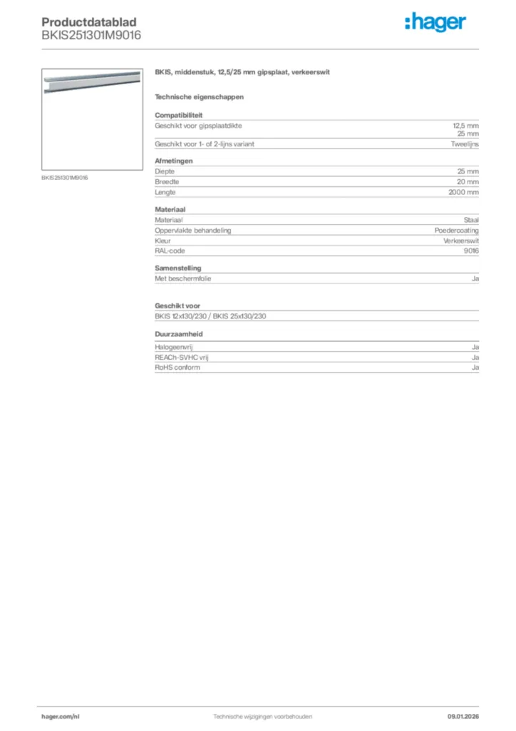 Afbeelding Hager Productdatablad BKIS251301M9016 | Hager Nederland