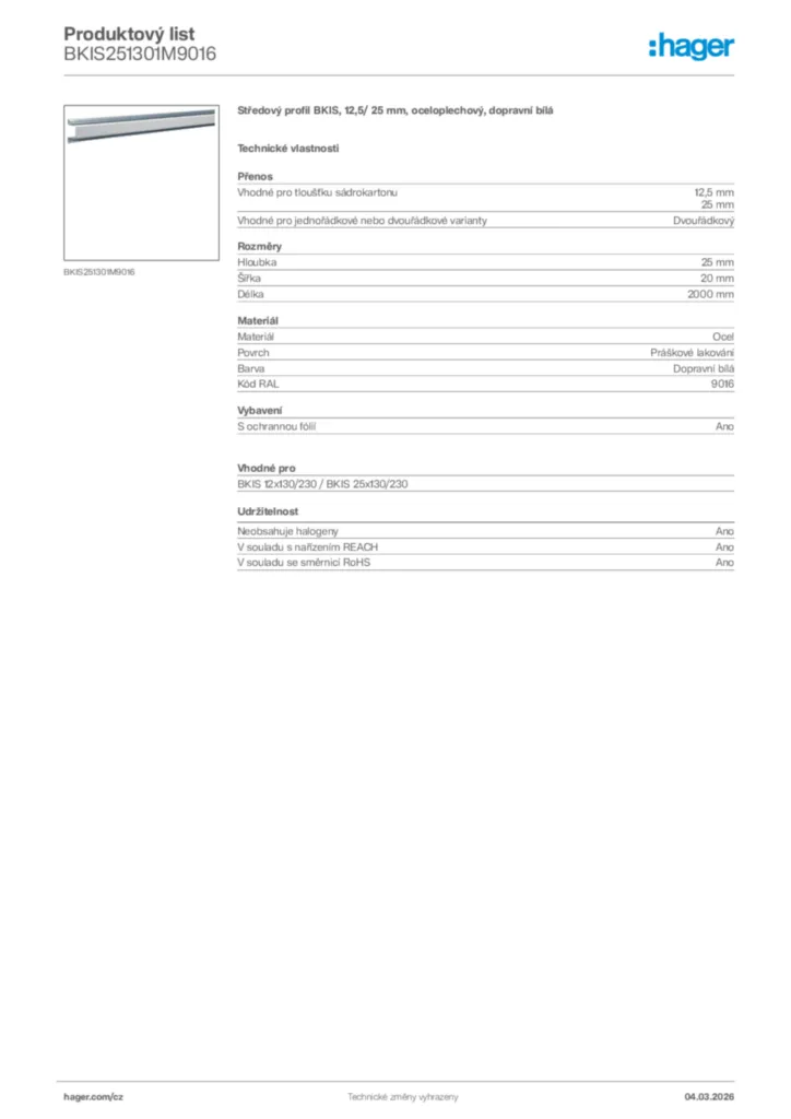 Obrázek Hager Product data sheet BKIS251301M9016 | Hager
