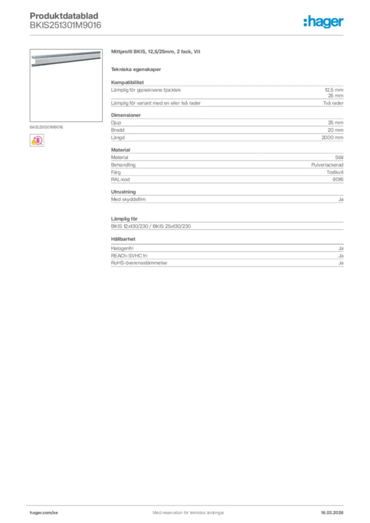 Bild Hager Produktdatablad BKIS251301M9016 | Hager Sverige