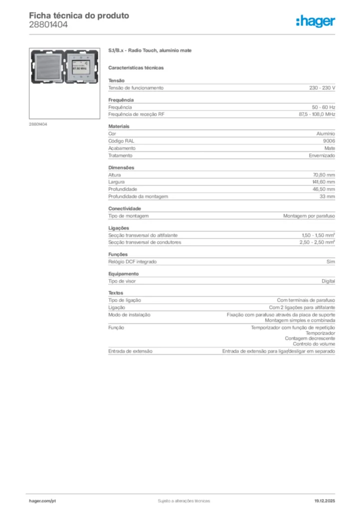 Imagem Hager Ficha técnica do produto 28801404 | Hager Portugal