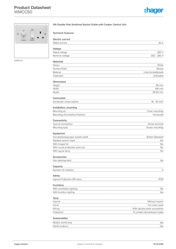 Image Hager Product data sheet WMCC50  | Hager