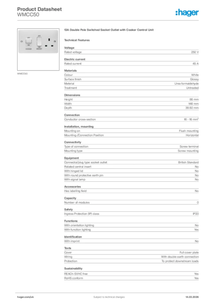Image Hager Product data sheet WMCC50  | Hager