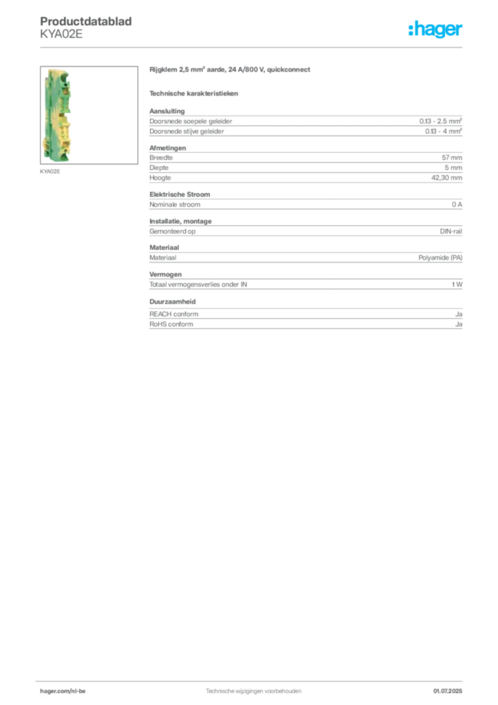 Afbeelding Hager Productdatablad KYA02E | Hager Belgium