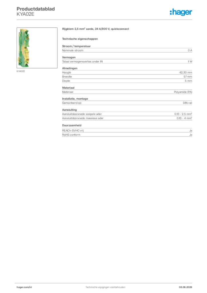 Afbeelding Hager Productdatablad KYA02E | Hager Nederland